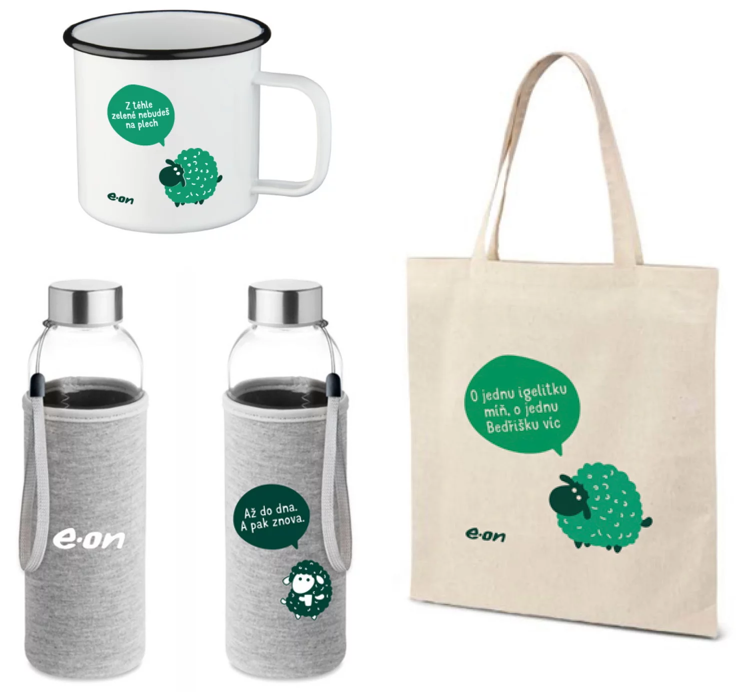 Set reklamních předmětů využitých v kampani „Zelená vlna“ od společnosti e-on