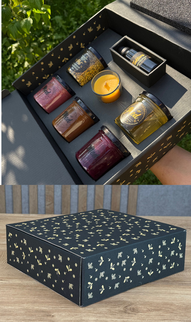 Černozlatá dárková krabička s medovými produkty